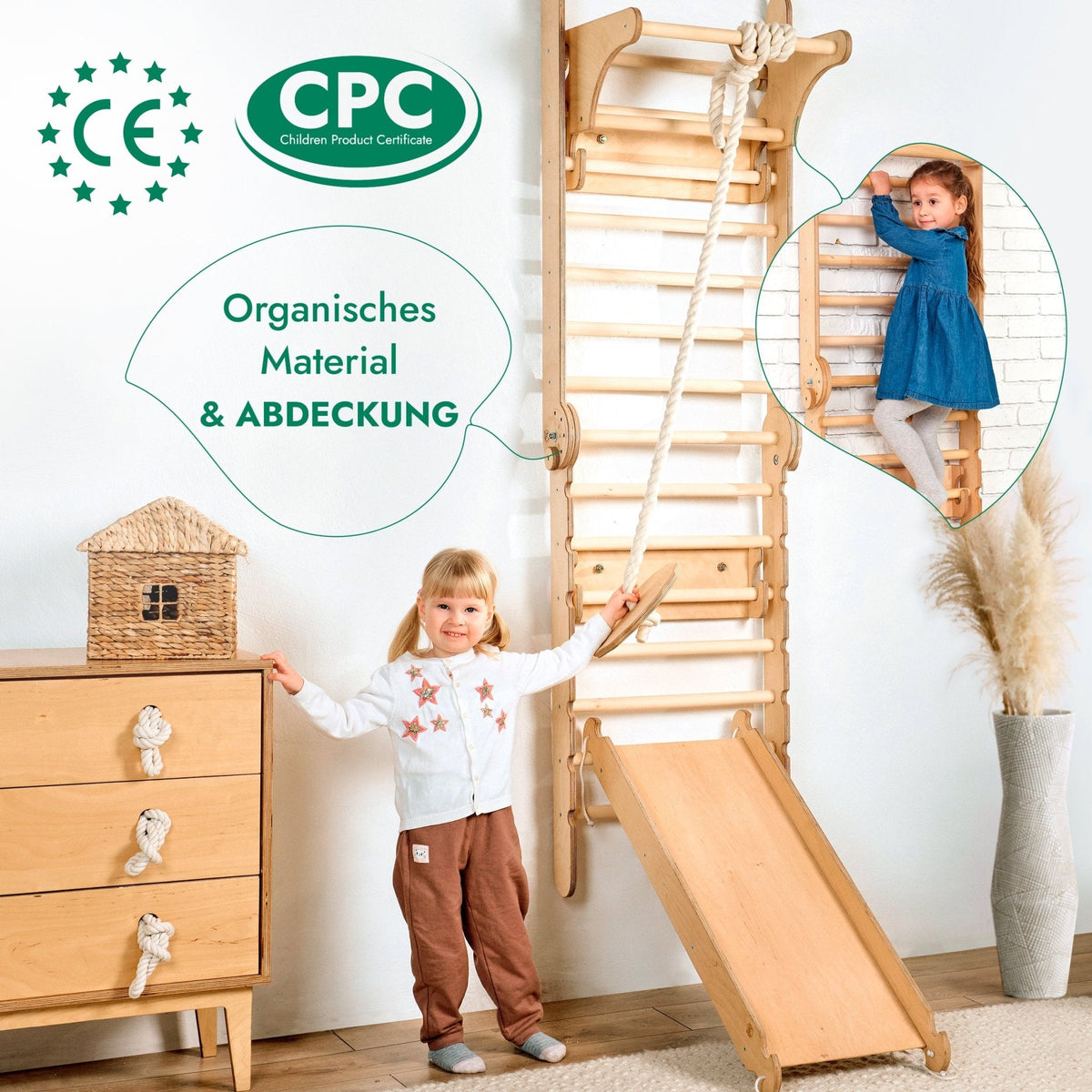 6in1 Kletterwand Indoor: Sprossenwand, Gymnastikringe, Hängende Leiter, Disc-Schaukel, Rutsche und Klimmzugstange für Kinder