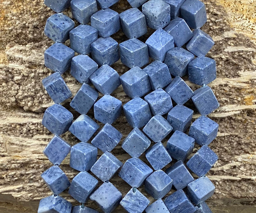 Natural blue coral side hole cube beads 8-9mm and 12-13mm