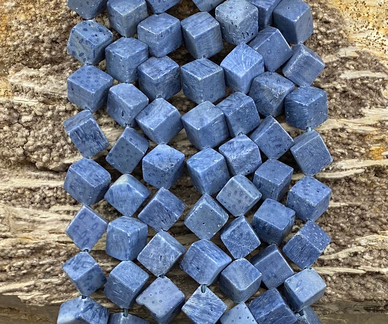 Natural blue coral side hole cube beads 8-9mm and 12-13mm
